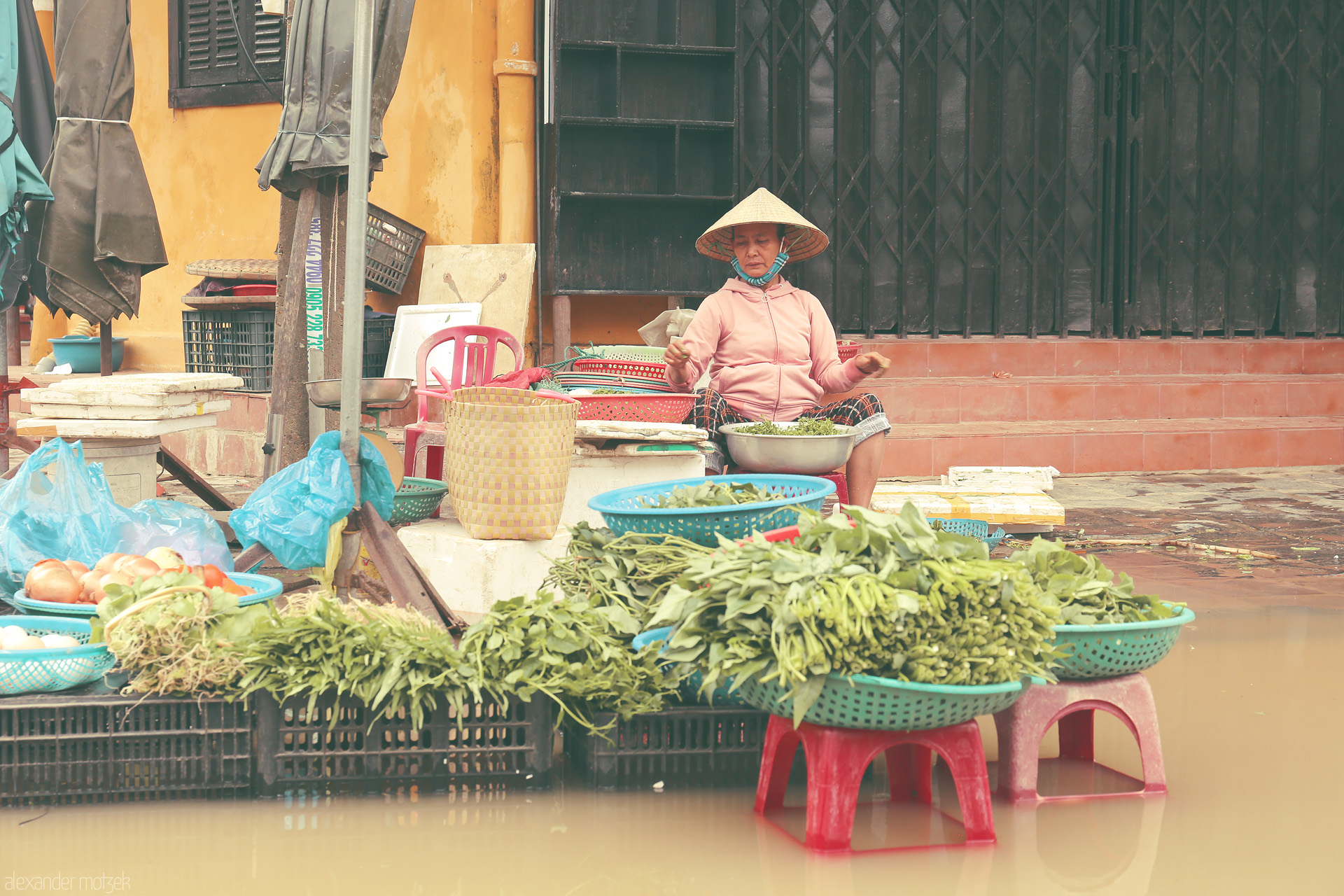 Foto von A local vendor in Hoi An sits by floodwaters, selling fresh greens amid pastel walls and tranquil street market scenes.