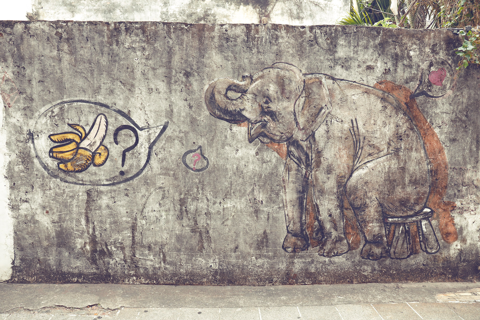 Foto von Elephant street art ponders a banana on a weathered wall in Santo António, Macau—quirky graffiti in a quiet lane.