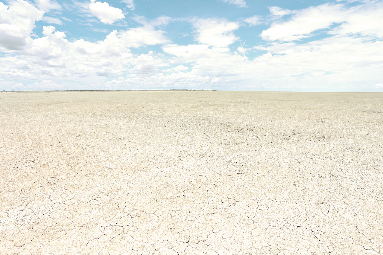 Foto von Cracked earth stretches under a vast sky in Etosha, Namibia, evoking the wild's stark beauty.