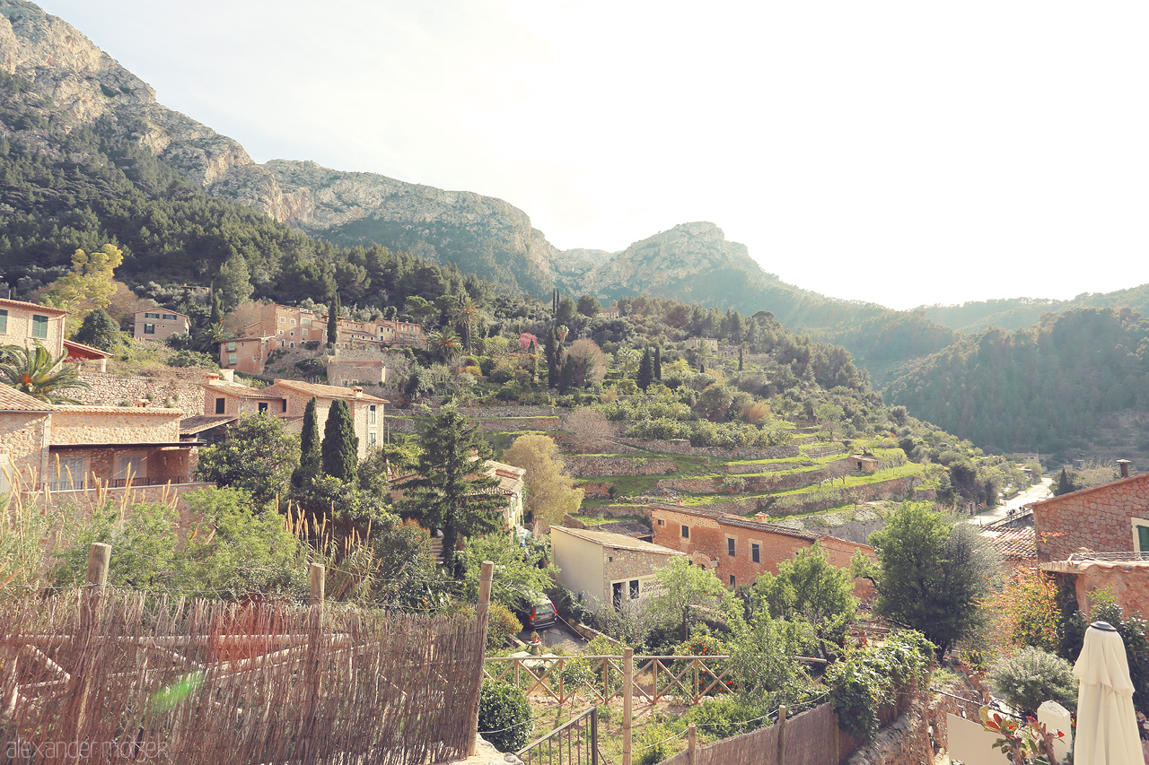 Deià Alba Foto von Sun-kissed terraces and rustic charm encapsulate Deià, nestled in the Tramuntana Mountains of Mallorca.
